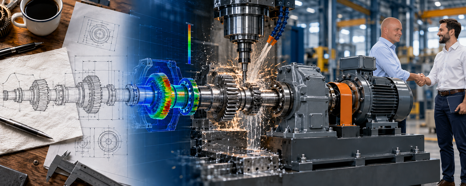 Ken and a client beside a drivetrain progressing from a napkin concept and engineering drawing through FEA analysis, precision machining and completed equipment